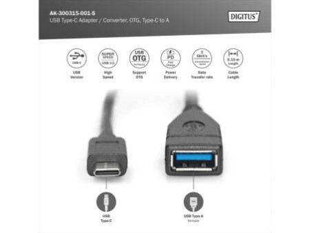 DIGITUS Câble adaptateur USB 3.0, USB-C - USB-A, 0,15 m