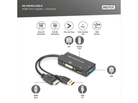DIGITUS Convertisseur HDMI 3 en 1, HDMI - DP+DVI+VGA, 0,2 m