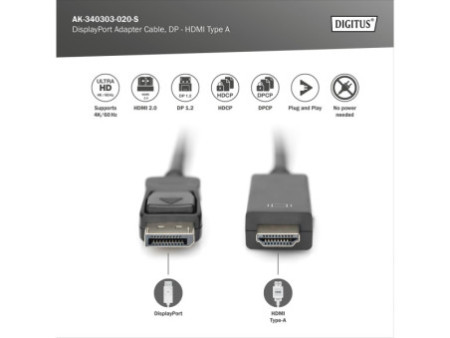DIGITUS Câble d'adaptateur DisplayPort 1.2, DP - HDMI-A, 2 m