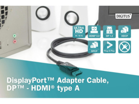 DIGITUS Câble d'adaptateur DisplayPort 1.2, DP - HDMI-A, 2 m