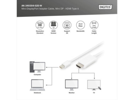 DIGITUS Câble d'adaptateur Mini Display Port, mDP-HDMI-A, 2m