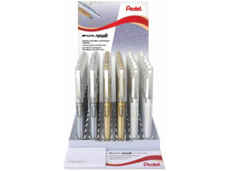 Pentel Roller gel K230, présentoir de 36, or, argent & blanc