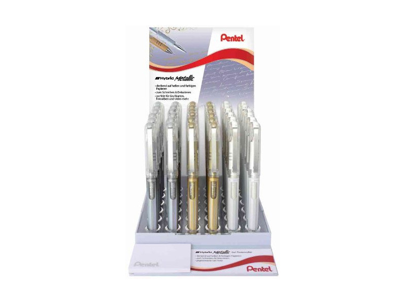 Pentel Roller gel K230, présentoir de 36, or, argent & blanc