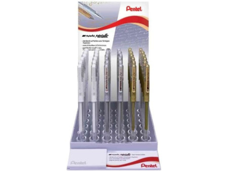 Pentel Roller gel K118, présentoir de 72, blanc, or & argent