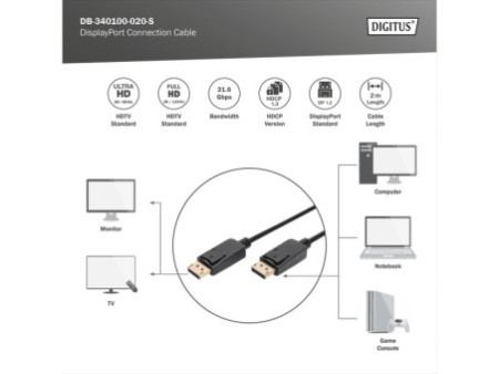 DIGITUS Câble de raccordement DisplayPort 1.2, 2,0 m, noir