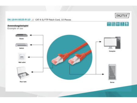 DIGITUS Câble de brassage Cat.6, S/FTP, 0,25m, par 10, rouge