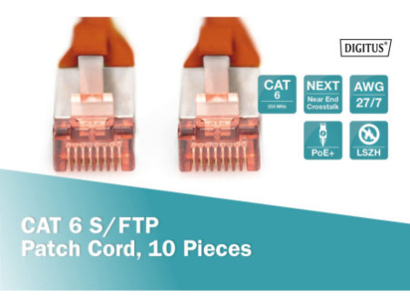 DIGITUS Câble de brassage Cat.6, S/FTP, 0,25m, par 10, rouge