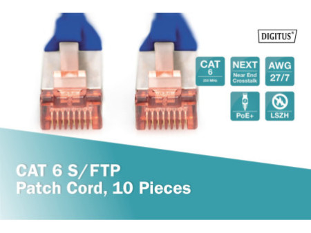 DIGITUS Câble de brassage Cat.6, S/FTP, 0,50 m, par 10, bleu