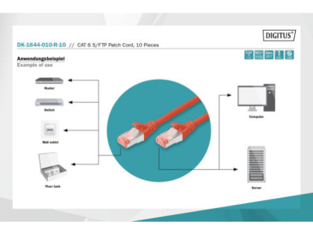 DIGITUS Câble de brassage Cat.6, S/FTP, 1,0 m, par 10, rouge