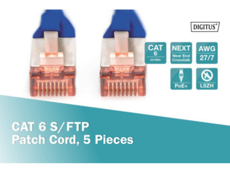 DIGITUS Câble patch Cat. 6, S/FTP, 10,0 m, set de 5, bleu