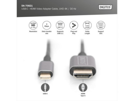 DIGITUS Câble adaptateur vidéo USB-C - HDMI, UHD 4K / 30 Hz