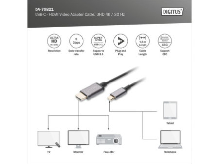 DIGITUS Câble adaptateur vidéo USB-C - HDMI, UHD 4K / 30 Hz