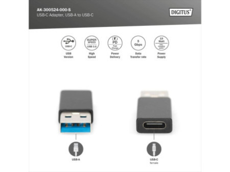 DIGITUS Adaptateur USB Type-C, USB A - USB-C, noir
