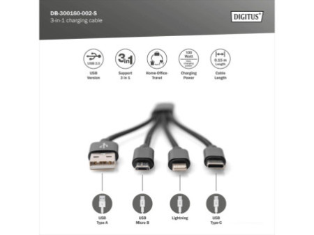 DIGITUS Câble de charge 3-en-1, USB A-Lightning + Micro USB