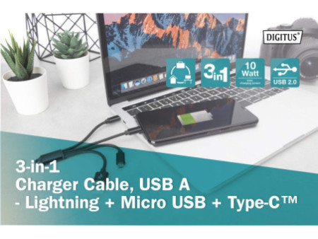 DIGITUS Câble de charge 3-en-1, USB A-Lightning + Micro USB