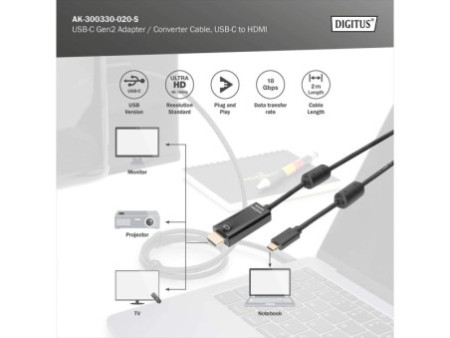 DIGITUS Câble adaptateur, USB-C - HDMI-A, 2,0 m