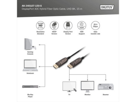 DIGITUS Câble de fibre optique hybride DisplayPort AOC, 15 m