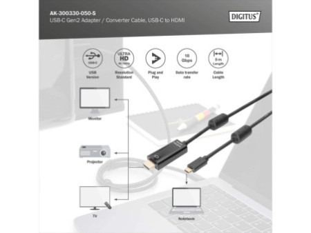 DIGITUS Câble adaptateur, USB-C - HDMI-A, 5,0 m