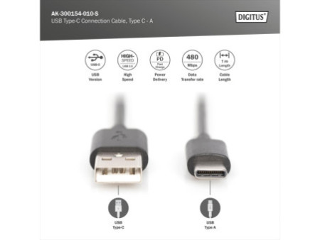 DIGITUS Câble de connexion USB 2.0, USB-C - USB-A, 1,0 m