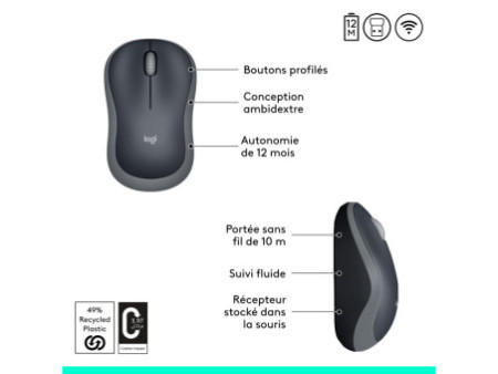 Logitech Souris optique M185, sans câble, gris
