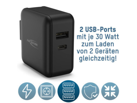 ANSMANN Chargeur de voyage TC230PD, USB-A & USB-C, noir