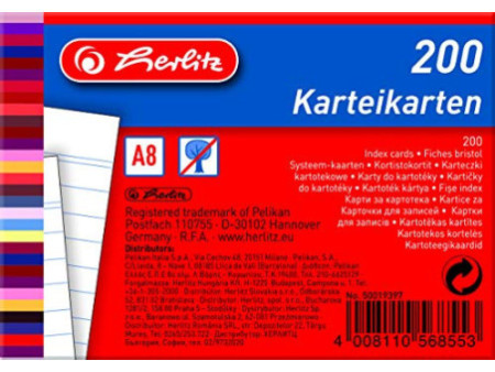 herlitz Fiches bristol, A8, ligné, blanc