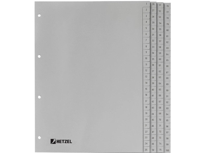HETZEL Intercalaires en plastique, chiffres, 1-100, A4, PP