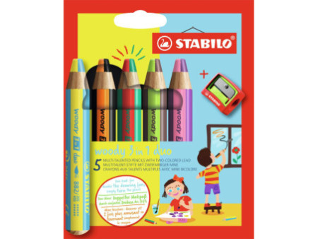 STABILO Crayon multi-talents woody 3 en 1 duo, étui de 5