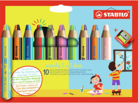STABILO Crayon multi-talents woody 3 en 1 duo, étui de 10