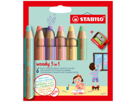 STABILO Crayon multi-talents woody 3 en 1, étui de 6 Pastel