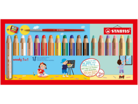 STABILO Crayon multi-talents woody 3 en 1, étui de 18 Pastel