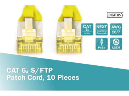 DIGITUS Câble de brassage Cat.6A, S/FTP, 1,0m, par 10, jaune