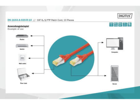 DIGITUS Câble de brassage Cat.6A, S/FTP, 2,0m, par 10, rouge