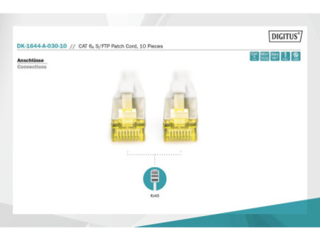 DIGITUS Câble de brassage Cat.6A, S/FTP, 3,0 m, par 10, gris