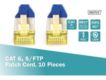 DIGITUS Câble de brassage Cat.6A, S/FTP, 3,0 m, par 10, bleu