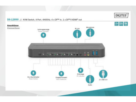 DIGITUS Commutateur KVM, 4 ports, 4K60Hz, 4x entrées DP,