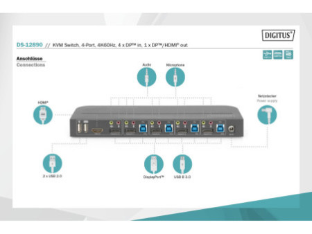 DIGITUS Commutateur KVM, 4 ports, 4K60Hz, 4x entrées DP,