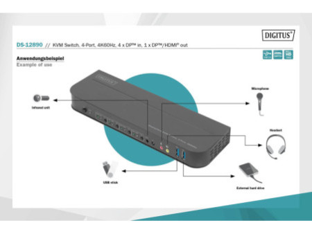 DIGITUS Commutateur KVM, 4 ports, 4K60Hz, 4x entrées DP,
