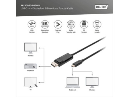 DIGITUS Câble adaptateur bidirectionnel USB Typ C vers DP