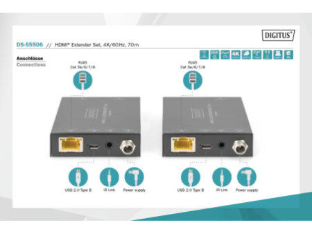 DIGITUS Kit d'extension HDMI, 4K/60Hz, 70 m, noir