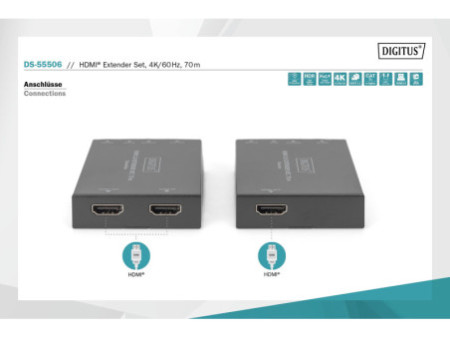 DIGITUS Kit d'extension HDMI, 4K/60Hz, 70 m, noir