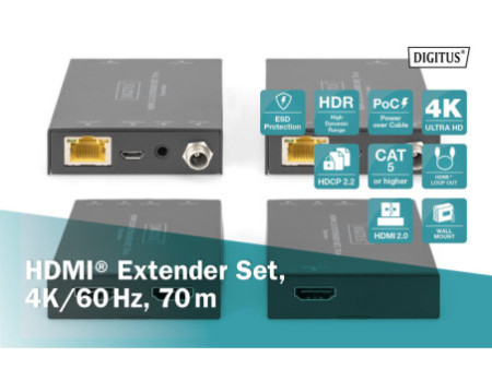 DIGITUS Kit d'extension HDMI, 4K/60Hz, 70 m, noir