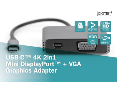 DIGITUS Adaptateur graphique USB-C 4K 2en1 Mini DisplayPort