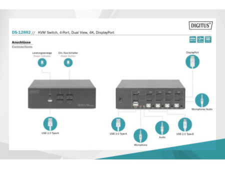 DIGITUS Commutateur KVM, 4 ports, double affichage, 4K