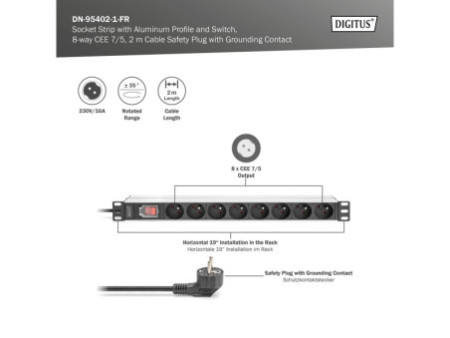 DIGITUS Multiprise 19', 8 prises, 1 U, avec interrupteur