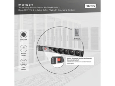 DIGITUS Multiprise 19', 8 prises, 1 U, avec interrupteur