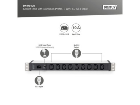 DIGITUS Multiprise 19', 9 prises, 1 U
