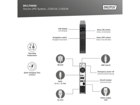 DIGITUS Système UPS OnLine, 2.000 VA, 2.000 W