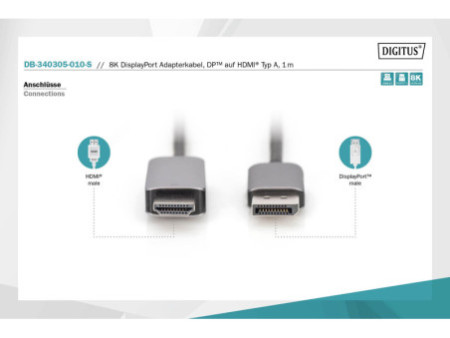 DIGITUS Câble adaptateur DisplayPort, DP - HDMI type A, 8K