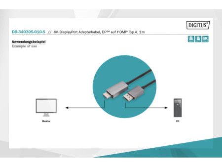 DIGITUS Câble adaptateur DisplayPort, DP - HDMI type A, 8K